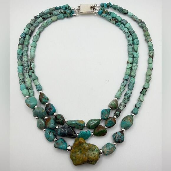 18"-22" Three strands of turquoise and 925 beaded necklace w/ VTG TAXCO clasp! - Picture 3 of 11